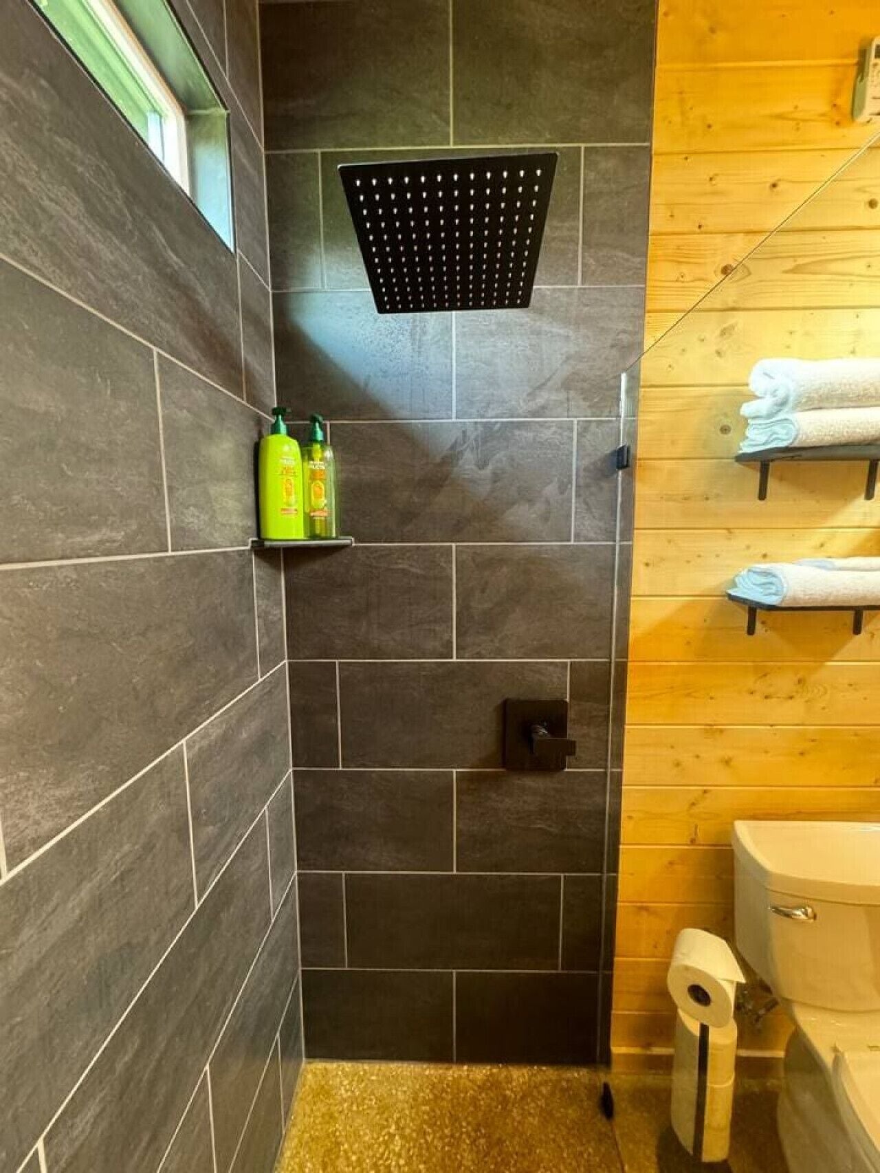 Un espace douche avec des carreaux de couleur foncée, une pomme de douche et des toilettes.