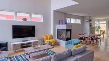 Smart TV, chimenea, reproductor de DVD, libros