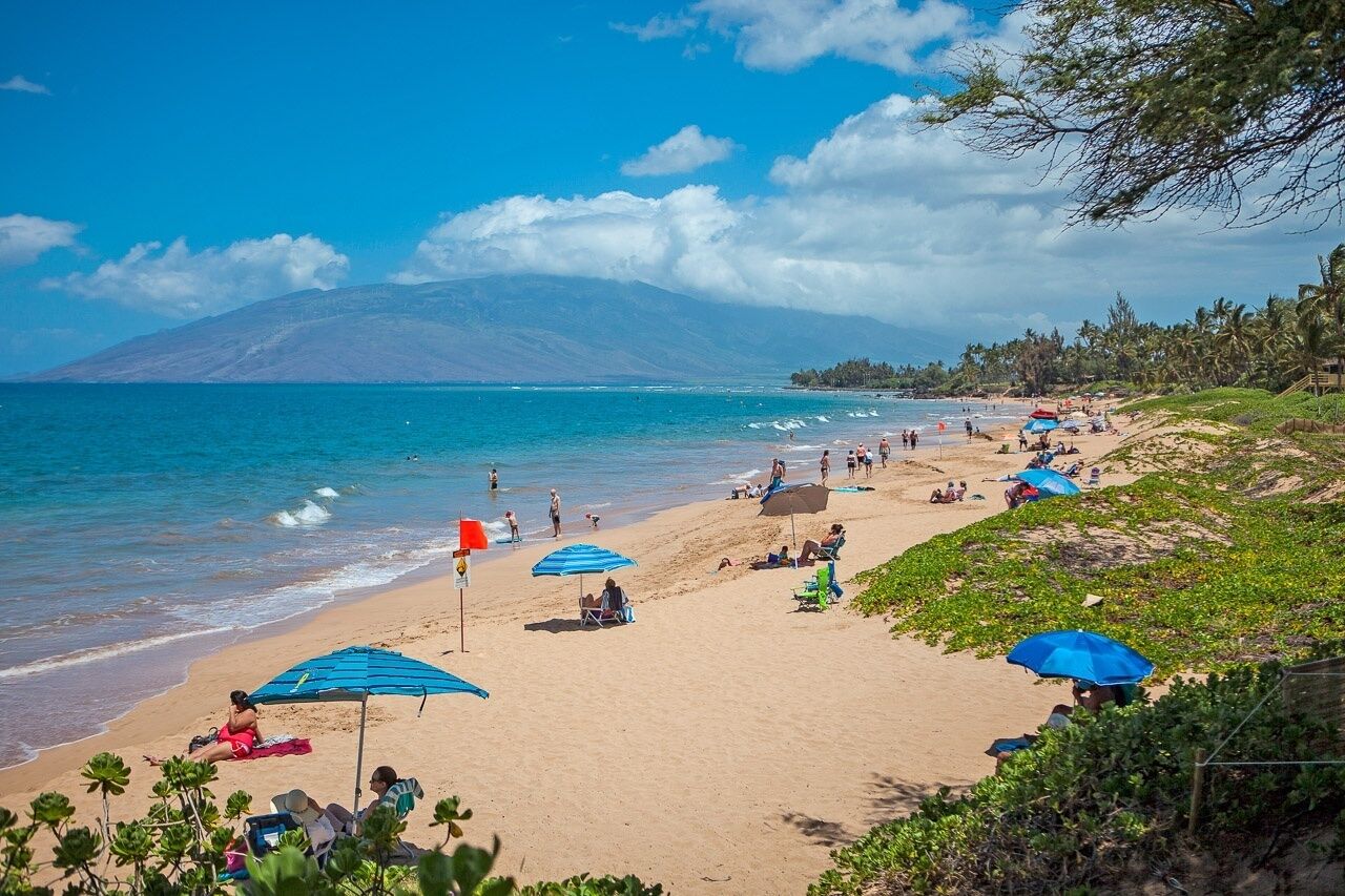 A beach with clear blue water, a sandy shore, and a distant mountain.
