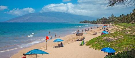 A beach with clear blue water, a sandy shore, and a distant mountain.