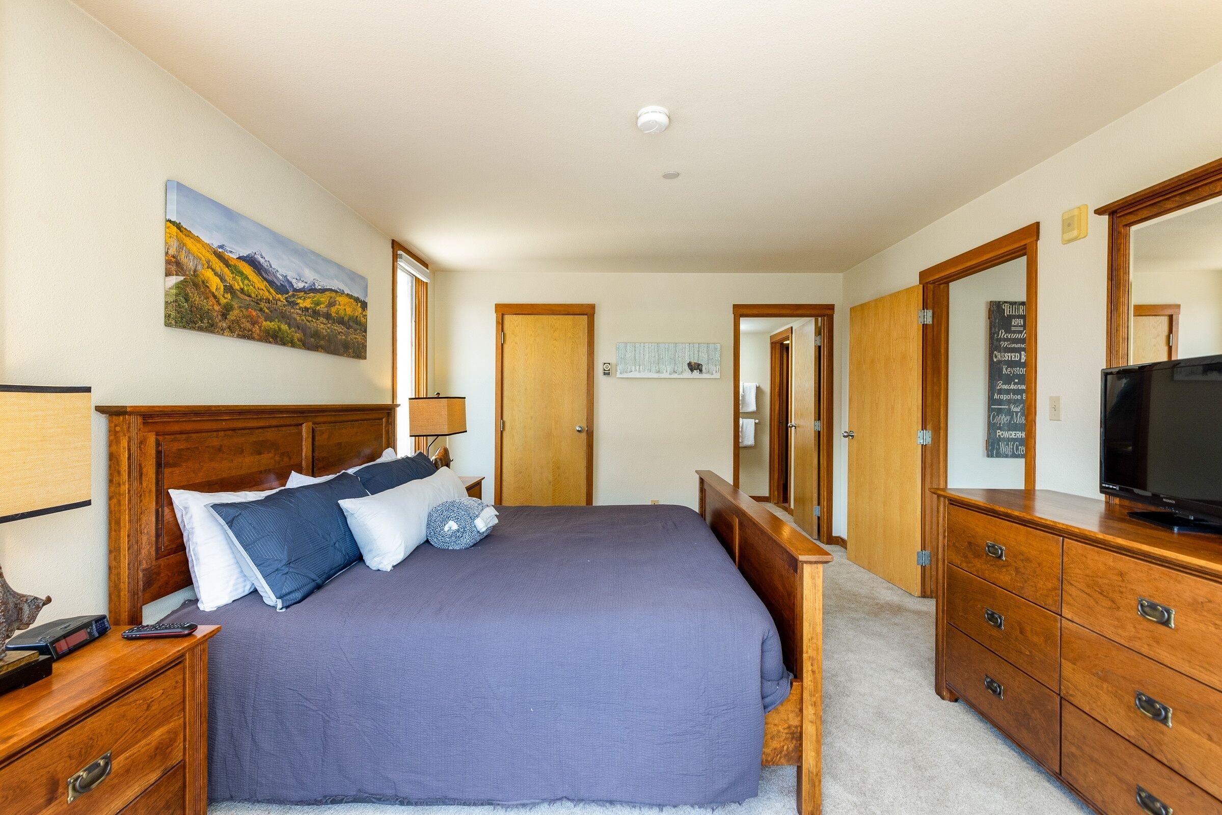 A bedroom with a large bed, wooden headboard, a flat-screen TV, a dresser, and a painting on the wall.