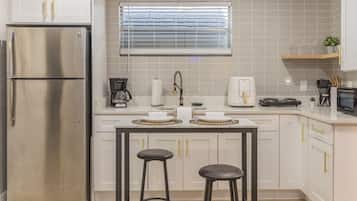 Fridge, microwave, coffee/tea maker, toaster