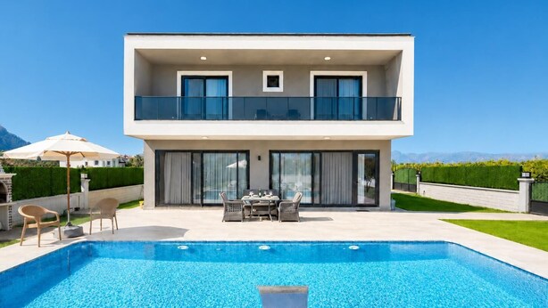 Ein modernes, zweistöckiges Haus mit Pool, Gartenmöbeln und Bergblick.