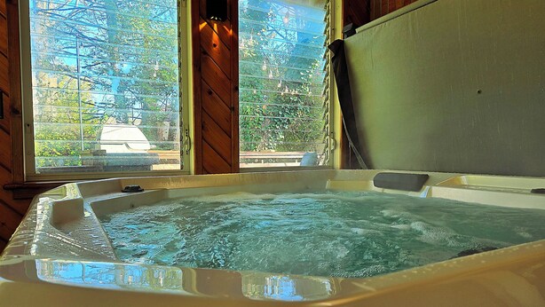 A hot tub in a wooden cabin with a view of trees and a building through the window.