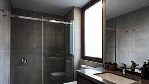 Un baño moderno con ducha de vidrio, inodoro y tocador con espejo.