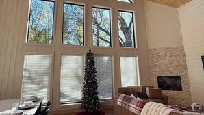 Una habitación amplia con ventanas grandes, una chimenea y un árbol de Navidad.