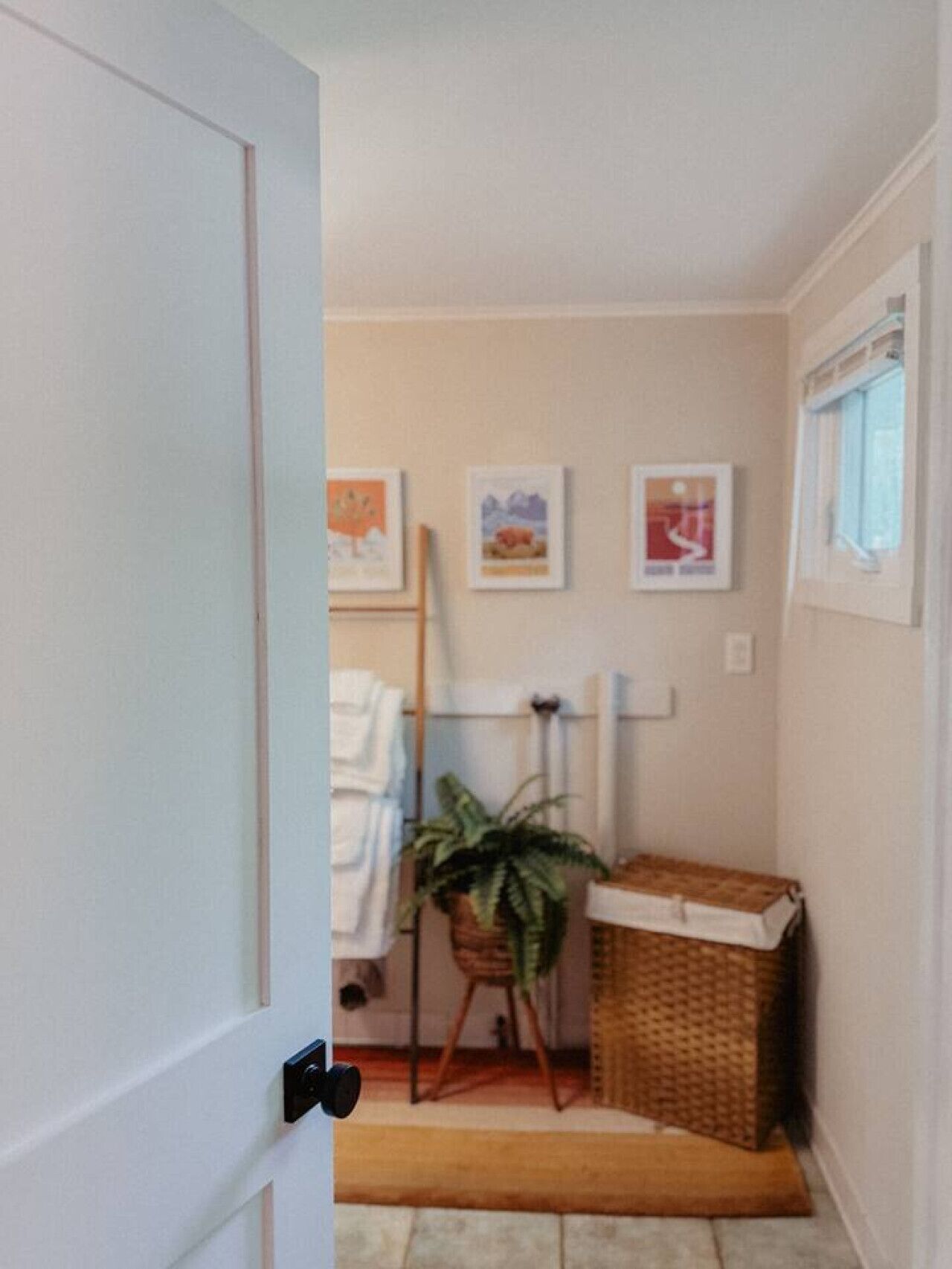 A narrow hallway with a door on the left, a wicker basket on the right, and a plant in the center.