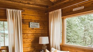 L’intérieur d’un chalet accueillant, avec un plafond en bois, un canapé agrémenté de coussins, une petite table sur laquelle sont posés des livres et une télécommande, et une fenêtre donnant sur la forêt.