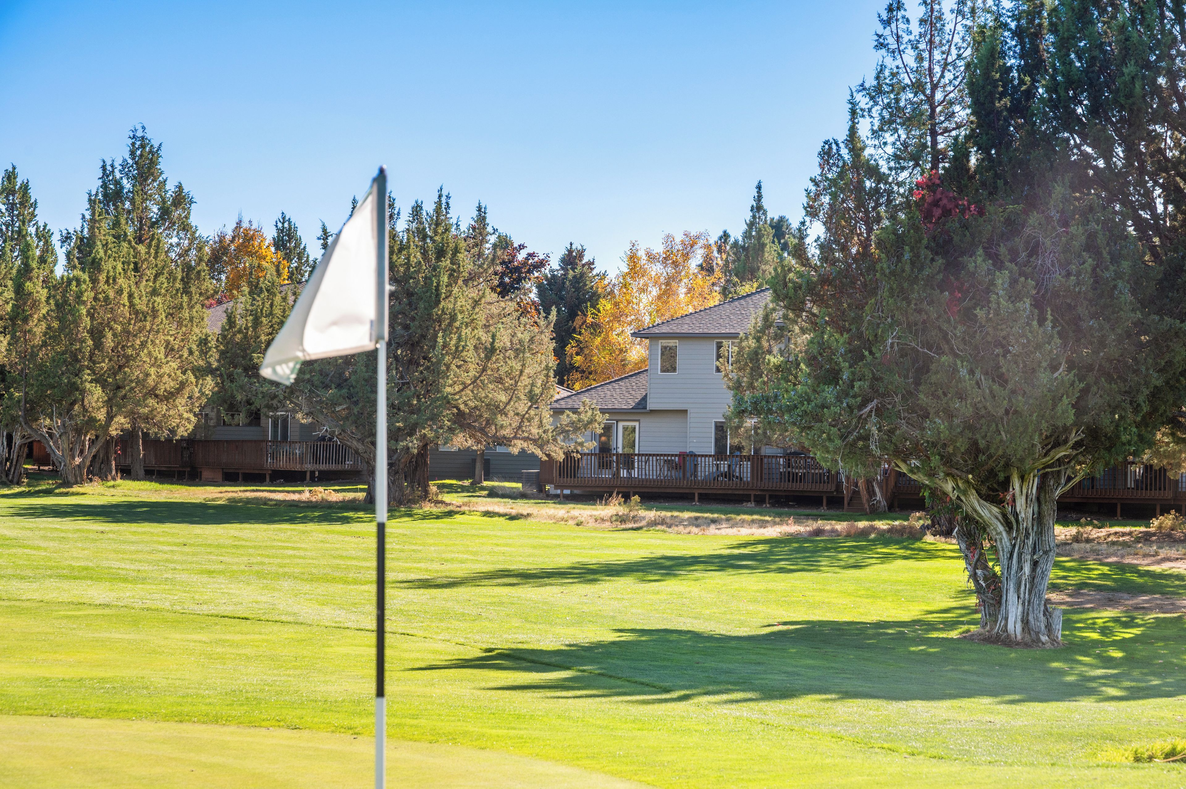 Un campo da golf con una bandiera su un’asta, circondato da alberi e un edificio residenziale.
