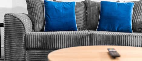 A grey striped sofa with two blue cushions, a wooden coffee table with a remote control, and a patterned rug.