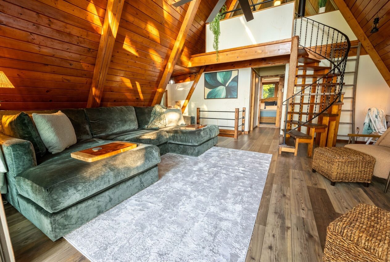 Une pièce confortable de style loft, avec un canapé d’angle vert, un tapis blanc, un escalier en bois et une grande fenêtre.