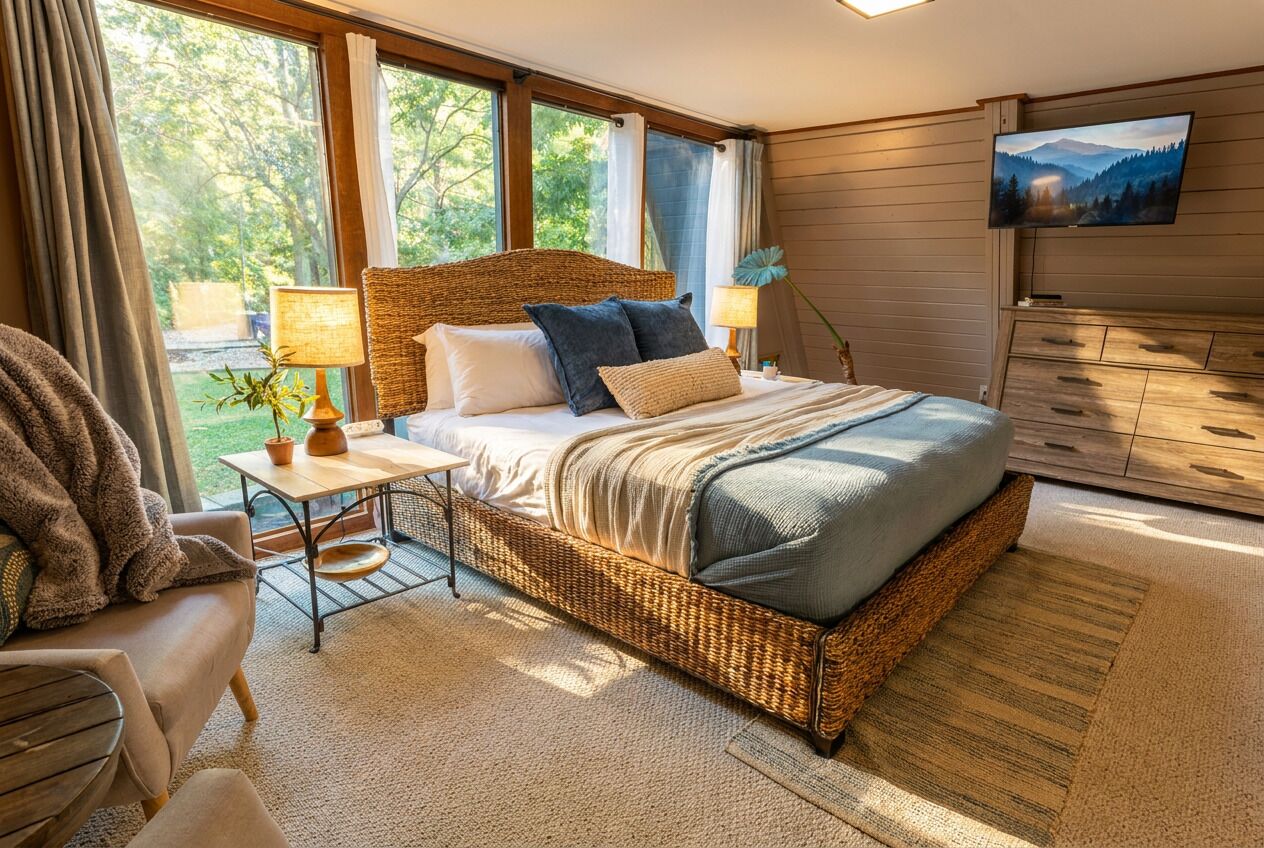 Une chambre à coucher avec un grand lit, une télévision, une fenêtre donnant sur des arbres et un fauteuil en osier.