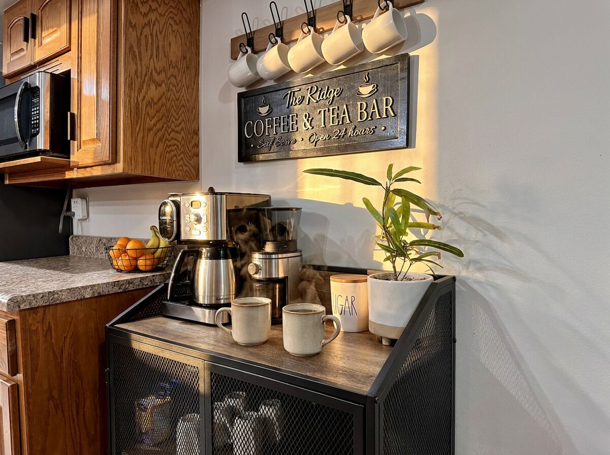 A kitchen with a coffee and tea bar sign, a coffee machine, mugs, and a potted plant.