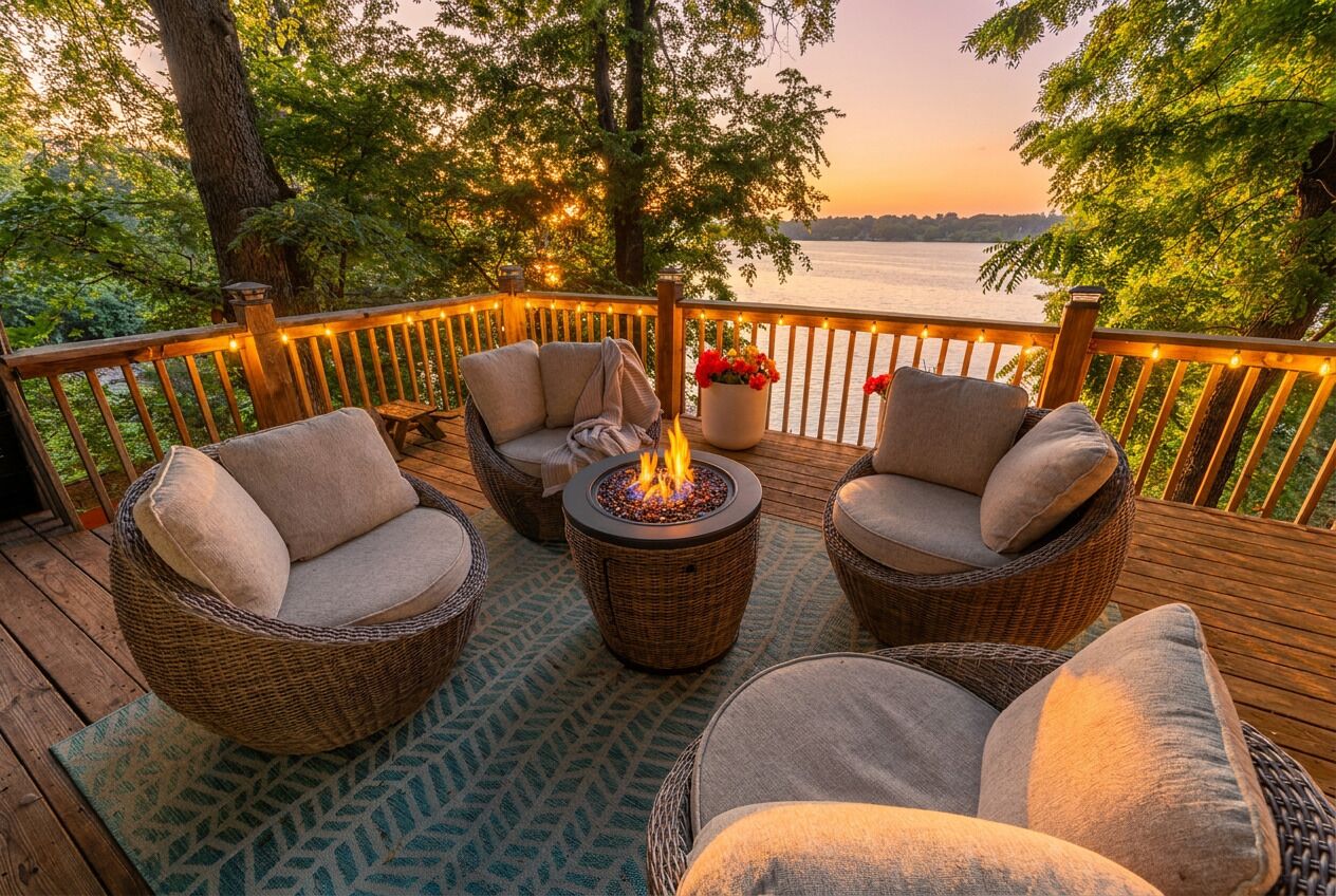 A deck with wicker furniture, a fire pit, and a view of a body of water.