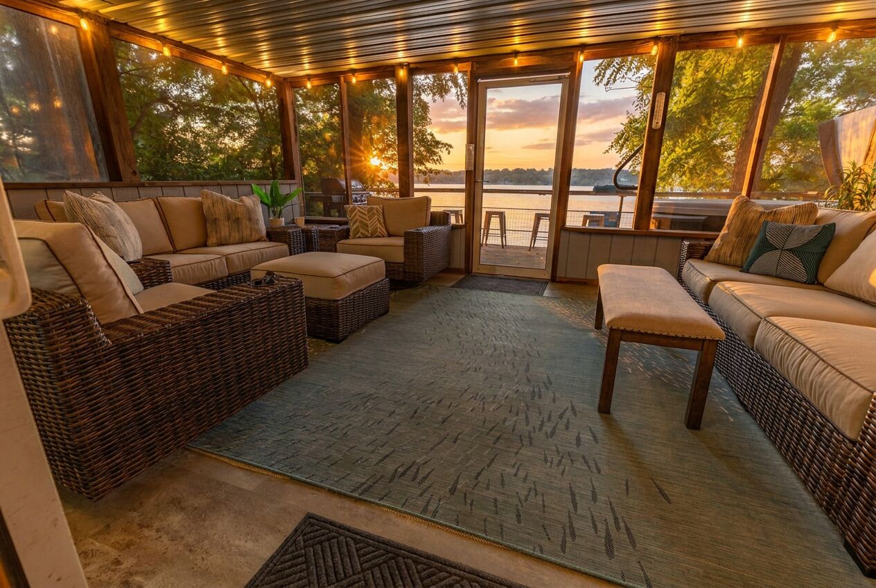 A covered outdoor seating area with wicker furniture and a view of the water.