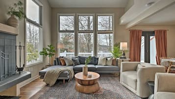 TV connectée, cheminée, livres