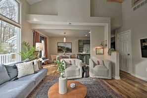 Smart TV, fireplace, books