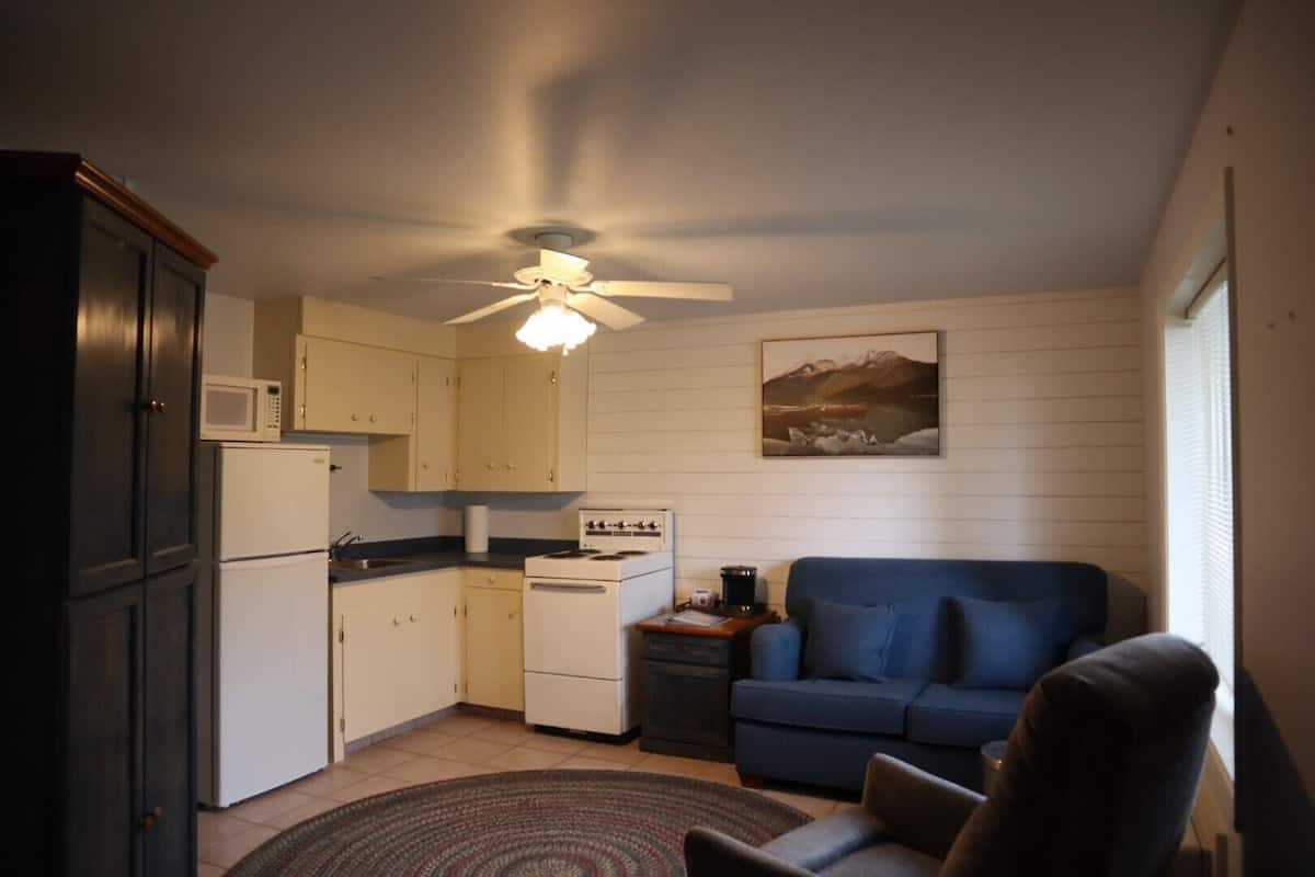 En kompakt bolig med tekøkken, ventilator, sofa og et billede på væggen.
