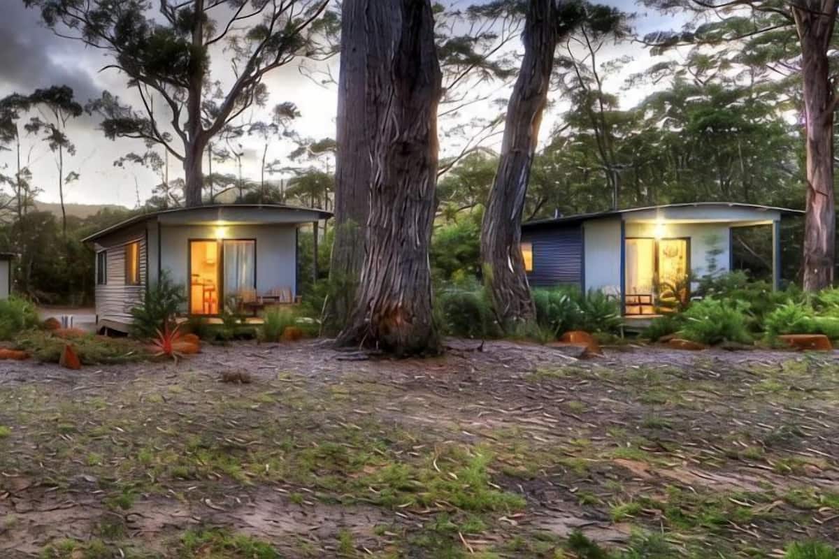Two small cabins with open fronts, surrounded by trees and vegetation.