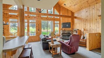 Smart TV, caminetto, libri, studio