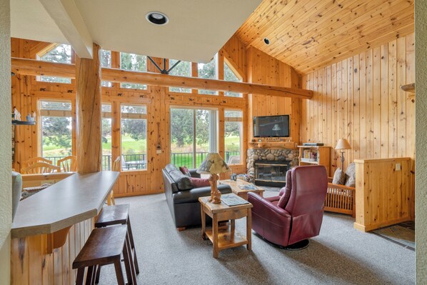 Smart TV, fireplace, books, offices