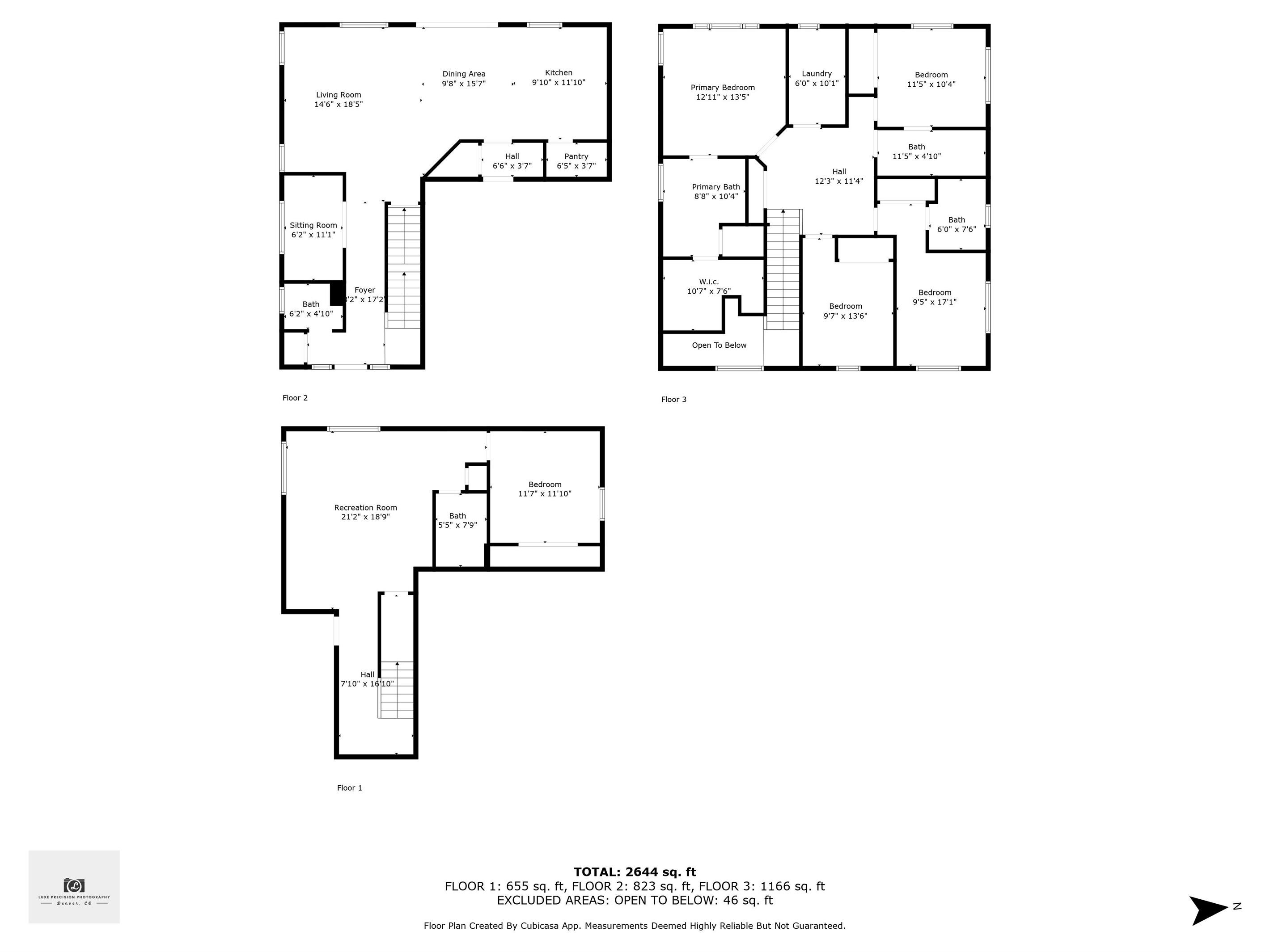 A floor plan of a multi-floor building with various rooms including bedrooms, bathrooms, a dining area, and a living room.