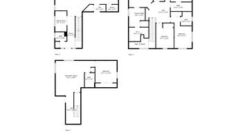 Grundriss eines mehrstöckigen Gebäudes mit verschiedenen Räumen, darunter Schlafzimmer, Badezimmer, eine Essecke und ein Wohnzimmer.