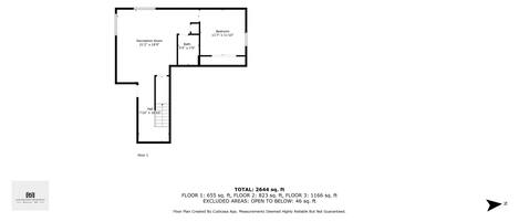 A floor plan of a multi-floor building with various rooms including bedrooms, bathrooms, a dining area, and a living room.