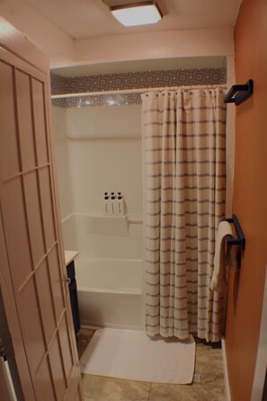 Hair dryer, towels, soap, toilet paper