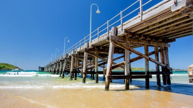 Un muelle de madera que se adentra en el océano, bajo un cielo despejado.