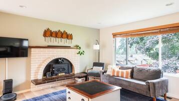 TV connectée, cheminée, jeux vidéo, livres