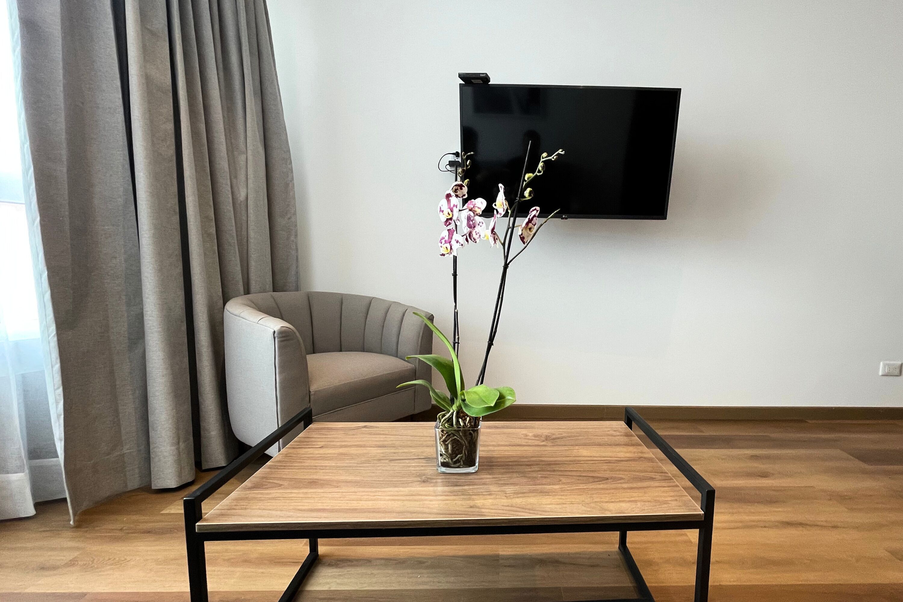 Una sala moderna con una mesa de centro de madera, un sofá gris, un televisor de pantalla plana montado en la pared y una planta de orquídea en maceta.