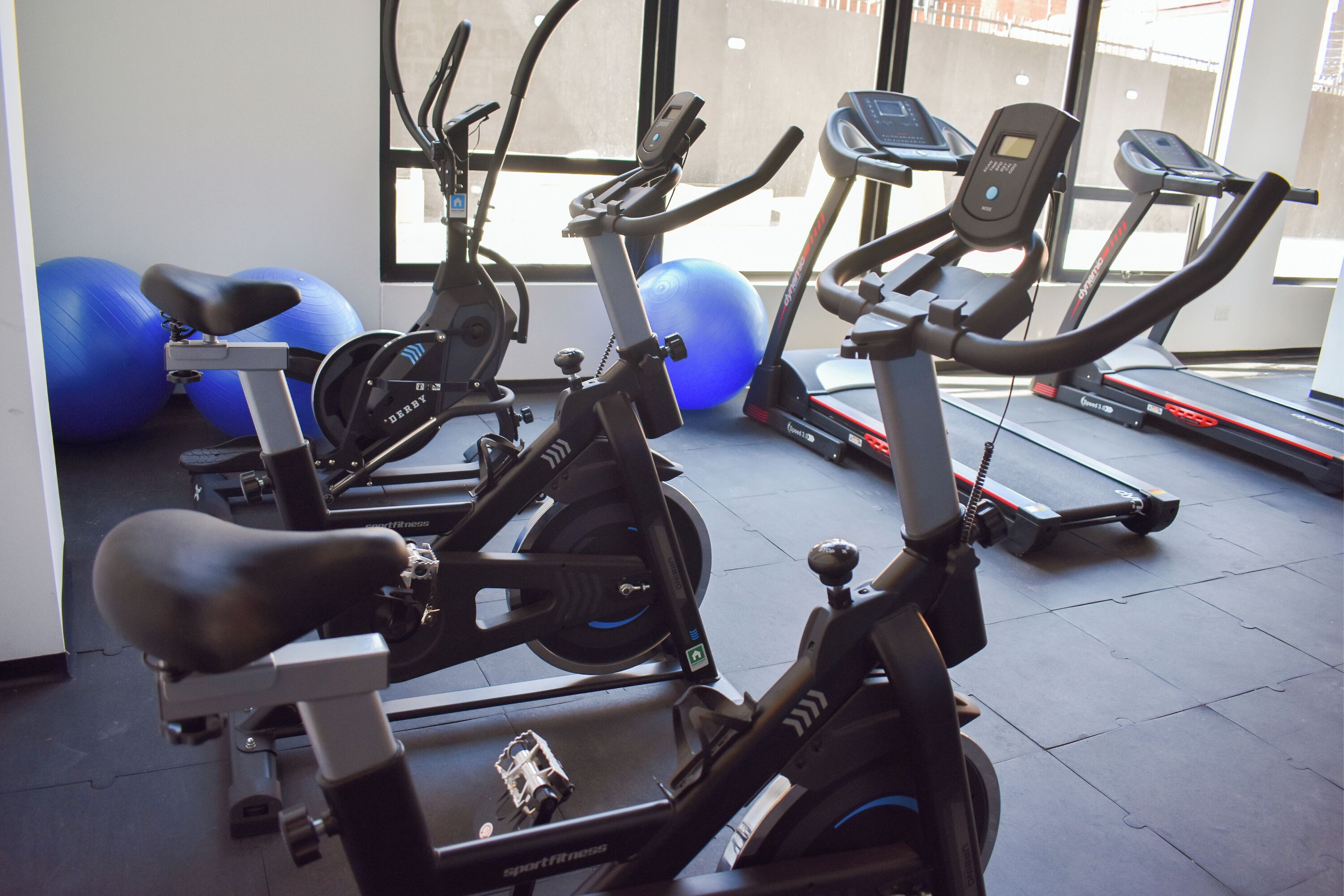 Ein Fitnessraum mit Ergometer, Laufband und Trainingsbällen.