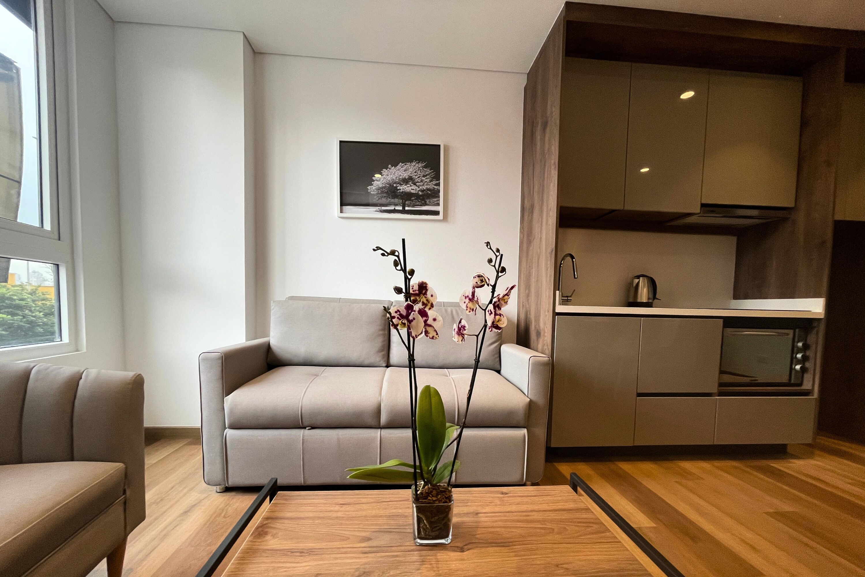 Un salon moderne avec un canapé beige, une table basse ornée d’une plante orchidée et un coin cuisine équipé de placards et d’un four à micro-ondes.