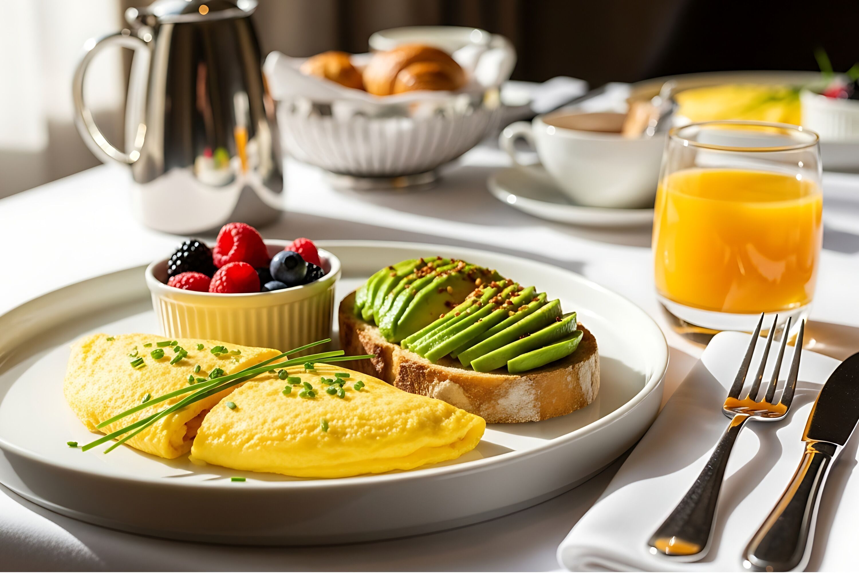 A breakfast setting with an omelette, avocado toast, berries, and orange juice.
