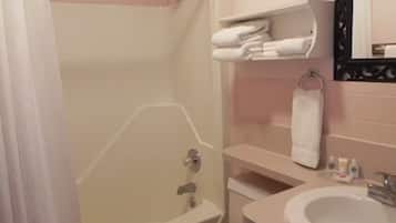 Shower, towels, soap, toilet paper