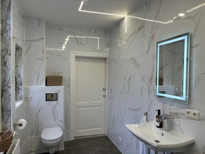 Shower, hair dryer, towels, soap