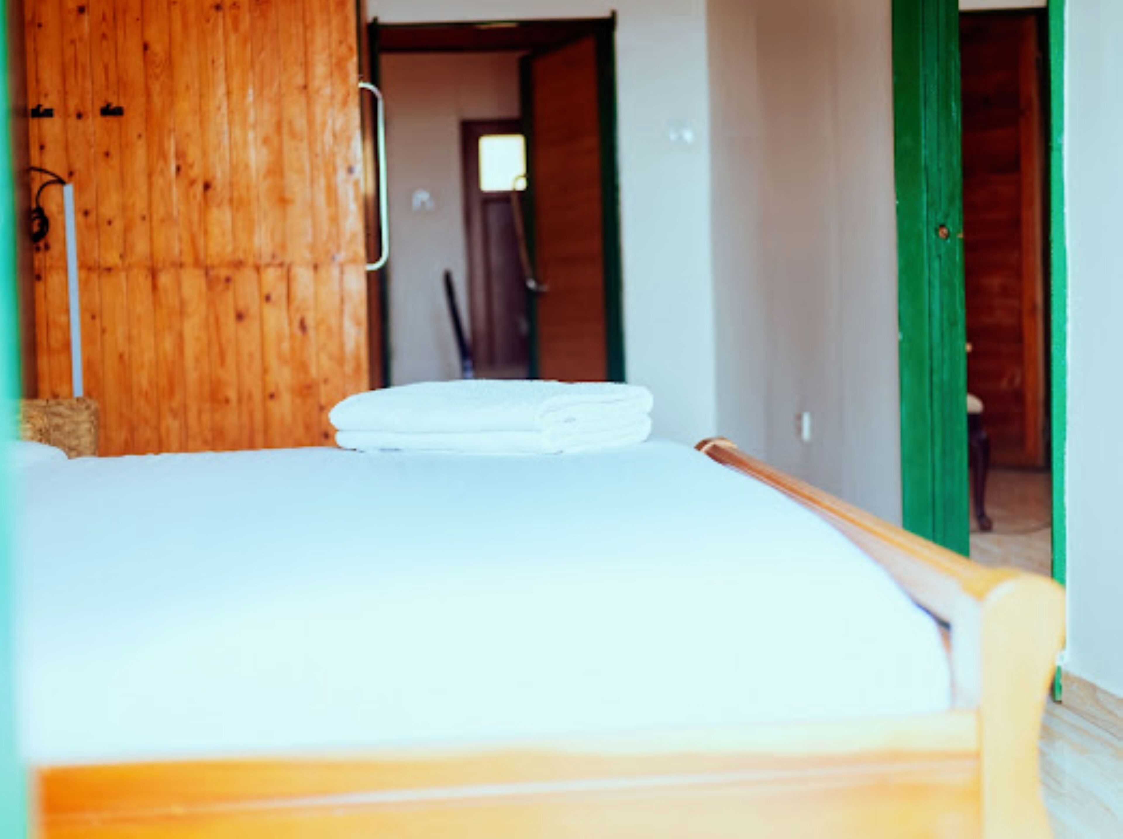 A room with a bed, wooden walls, a green door, and a small window.