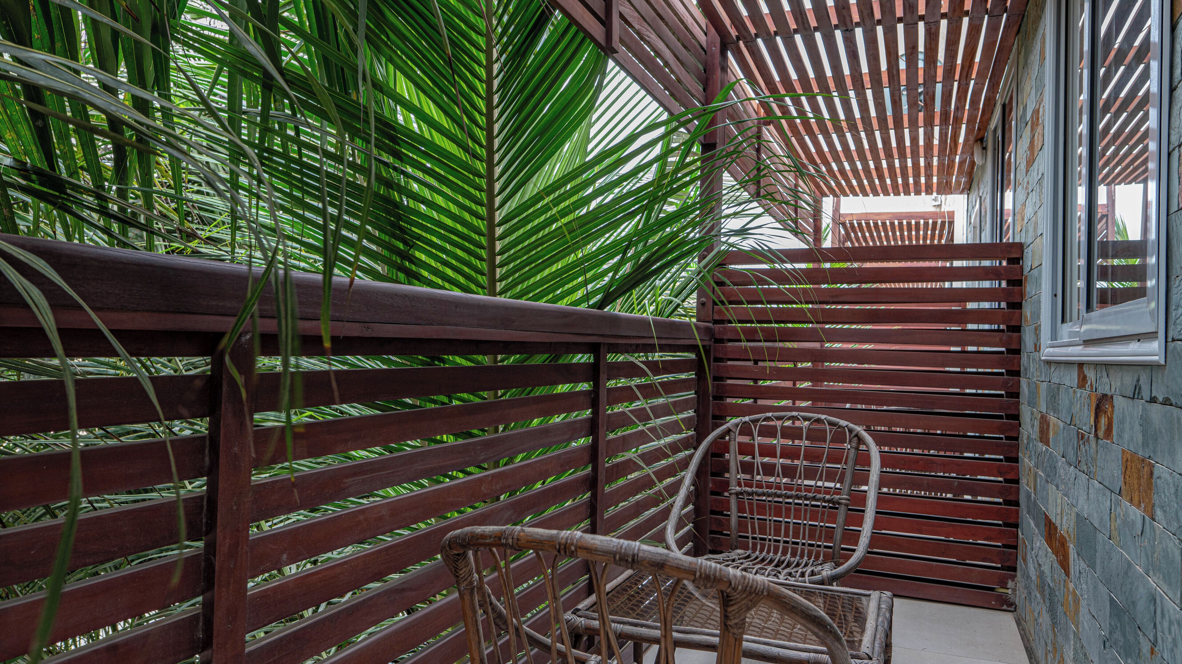 A wooden pergola with a wicker chair under it, surrounded by lush green foliage.