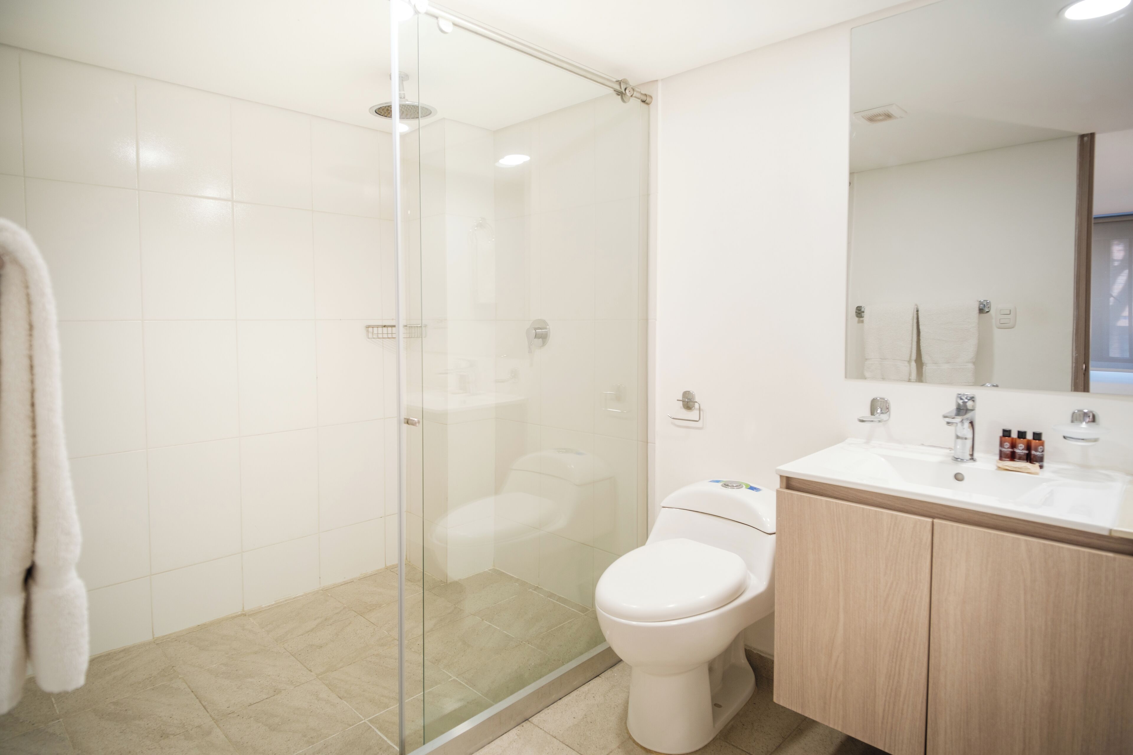 A modern bathroom with a glass shower enclosure, a white toilet, and a wooden vanity with a mirror.