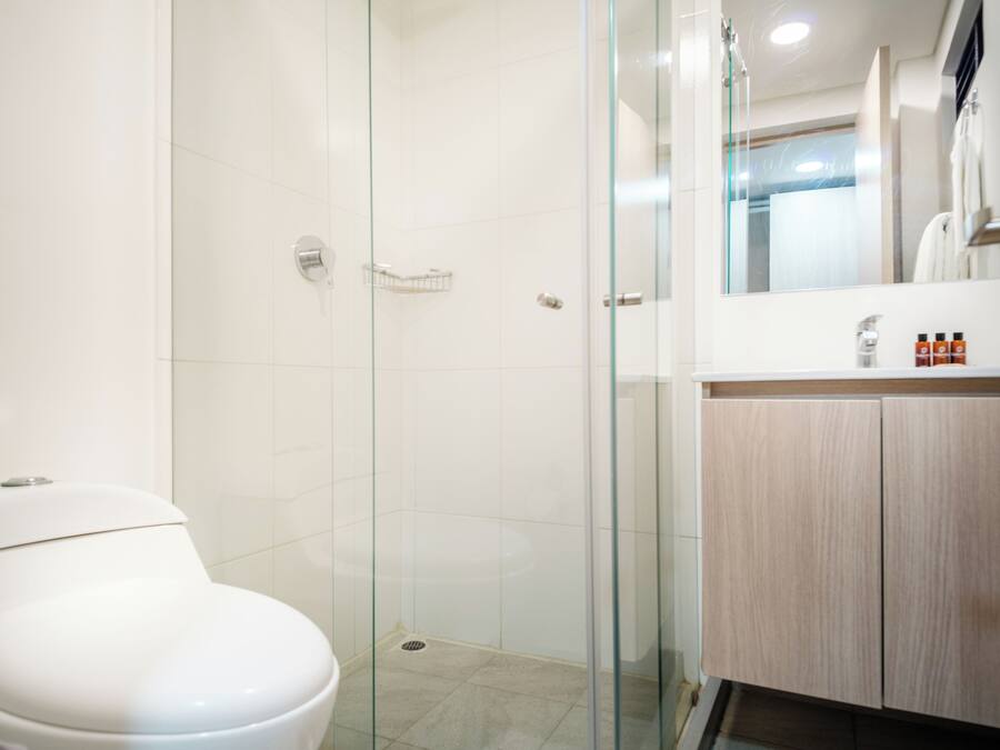 Un baño moderno con ducha de vidrio, inodoro blanco y tocador de madera con espejo.