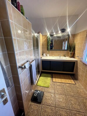 Douche, baignoire à remous, séchoir à cheveux, serviettes fournies