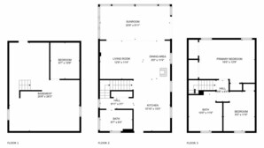 A three-floor apartment layout with a bedroom, living room, dining area, kitchen, and bathroom on each floor.