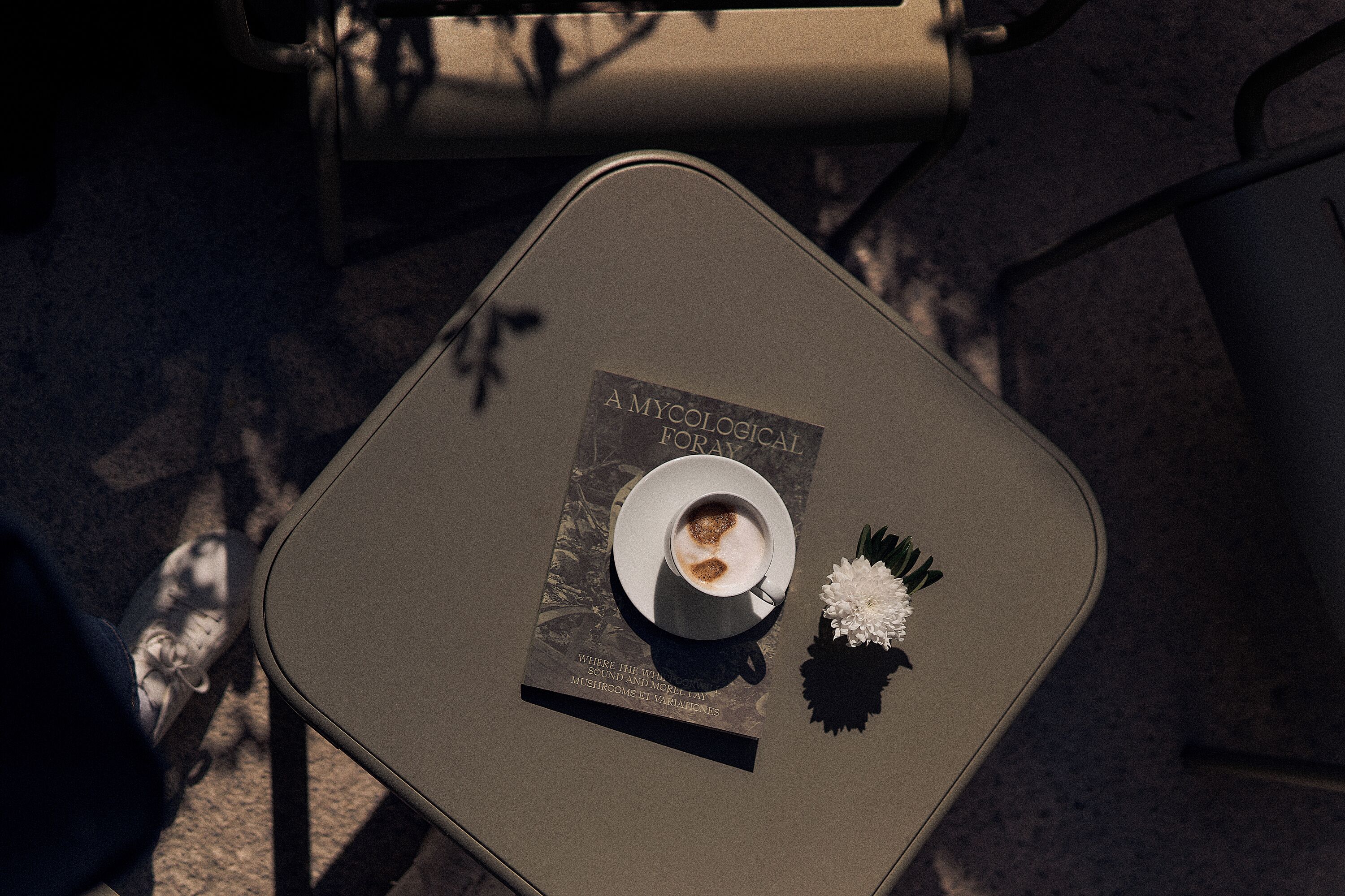 Una mesa con una taza de café, un libro titulado 'AMYCOLOGICAL FOR MUSHROOMS ET VATRATIONS' y una flor blanca.
