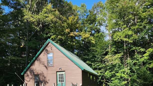 A rustic cabin with a green roof, surrounded by a wooden fence and a grassy yard. - 1-bedroom cabin in Redfield (Redfield)