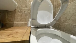 Shower, towels, soap, toilet paper