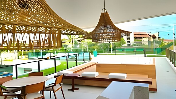 A modern indoor space with a pool, seating areas, and large windows offering views of the surrounding area. - Makia Beach Experience (Ipojuca)