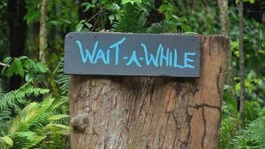 A wooden post with a sign that reads "WAIT-A-WHILE" in blue paint. - Wait-a-While Eco Retreat (Cow Bay)