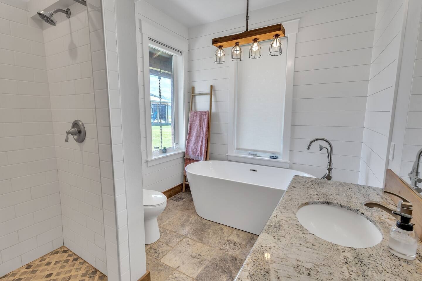 Shower, towels, soap, shampoo