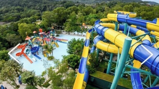 Un parc aquàtic amb diverses tobogans i una zona de piscina envoltada d'arbres.